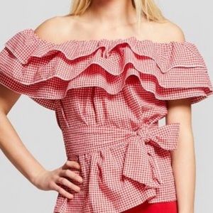 Who What Wear Red Gingham Off-Shoulder Blouse